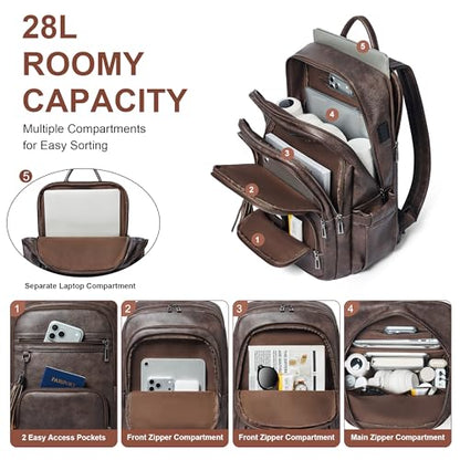 Shrrie 17 Inch Laptop Backpack for Women,Vegan Leather Backpack Purse,28L Work Business College Travel Computer Backpacks with Pouch Pocket for Large Capacity Cup & USB Charger,Chocolate - color: Chocolate