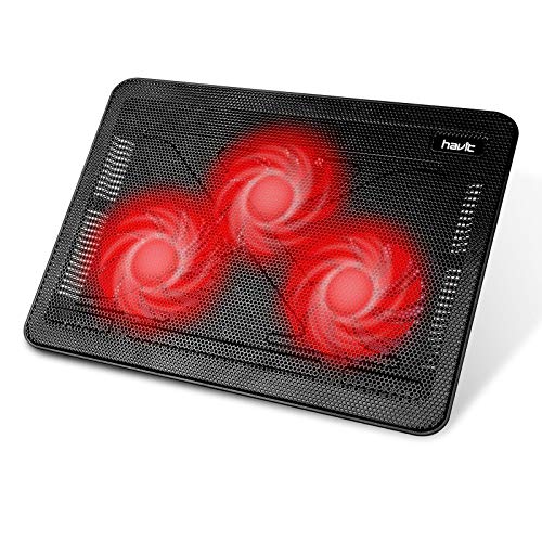 havit HV-F2056 Laptop Cooling Pad for 15.6-17 Inch Laptops, Black | Three quiet USB-powered fans circulate air below the laptop, two height settings improve viewing and typing comfort - color: Black+Red