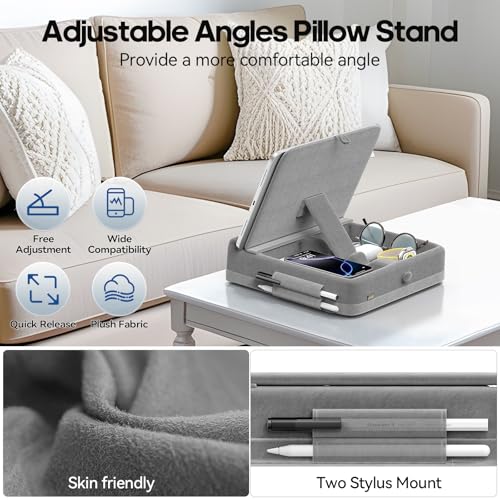 KDD Tablet Pillow Stand with Storage, Foldable iPad Holder for Bed, Lap and Desk, Angle Adjustable Soft Pad Dock with Stylus Mount Compatible with Ipad Pro 12.9, 10.5, 11, Air, Mini, Phones, Books - color: Light Grey