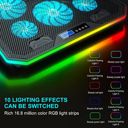 TopMate C12 Laptop Cooling Pad RGB Gaming Notebook Cooler for Desk and Lap Use, Laptop Fan Stand 8 Adjustable Heights with 6 Quiet Fans and Phone Holder, for 15.6-17.3 Inch Laptops-Ice Blue LED Light