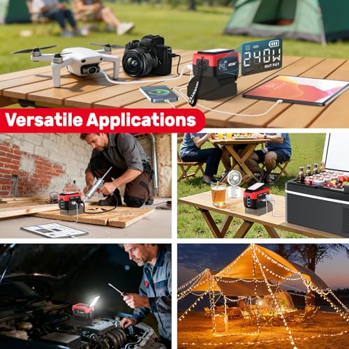 240W Power Inverter Pure Sine Wave Compatible with Milwaukee 18V Battery | No Battery, 7A Fast Charger, 120V AC Outlets, USB-C 140W, 2 QC USB Ports 18W, 600LM LED, Portable Power Station - color: Red