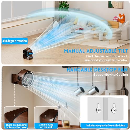 Small Desk Fan 5000mAh Rechargeable Battery – Retro Low Noise Portable Table Fan with 5 Speeds, 360° Rotation, LED Night Light – Perfect for Office Bedroom Kitchen Dorm Camping Wall Mountable-Walnut - color: Walnut