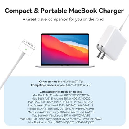 45W MacBook Air Charger - Magnetic Type, Mag2 T Interface - Compatible with 11-inch and 13-inch MacBook Air Models from 2012 to 2017. Laptop Power Adapter