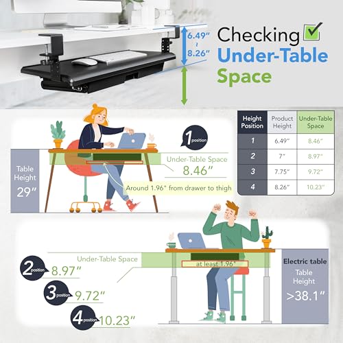 EHO Keyboard Tray with Drawer - Clamp On Under Desk Pull Out Extender Table Attachment Platform with Storage Organizer, Large 27.5" (31.8" Including Clamps) x 12.2", Height Adjustable for Home Office - size: 27.5 inch, style: keyboard tray platform with d