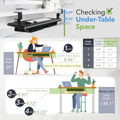 EHO Keyboard Tray with Drawer - Clamp On Under Desk Pull Out Extender Table Attachment Platform with Storage Organizer, Large 27.5" (31.8" Including Clamps) x 12.2", Height Adjustable for Home Office - size: 27.5 inch, style: keyboard tray platform with d