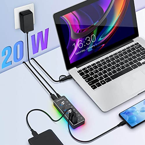 RSHTECH RGB USB Hub, USB C/USB 3.0 to 7-Port Powered USB Hub, RSH-518R | Gaming USB Hub Splitter with 14-Mode RGB LED Strip, 3.3ft USB-C/A Cable, 5V/4A Power Adapter and Individual Touch Switches