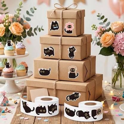 Black Cat Sticker Roll - 1000 Pcs Cute Black Cat Flower Waterproof Vinyl Reusable Laptop Stickers Coloring Book Scrapbook Water Bottle Page Activity Pad Birthday Party Favors Kids Skateboard - style: Cute Black Cat