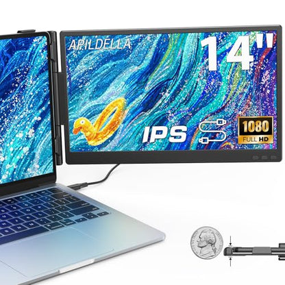 APILDELLA 14'' Dual Laptop Screen Extender, 1080P FHD Laptop Extended Monitor Portable with Speaker, Plug-Play Second Monitor for 13-16'' Laptops, Work with Mac, Window, Chrome - size: 14 inch, style: Dual-Upgrade