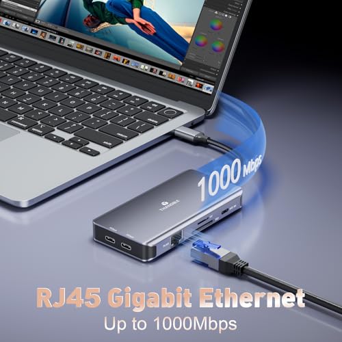 USB C Docking Station Dual Monitor, 9 in 1 Laptop Docking Station Triple Monitor, 4K@60Hz USB C Hub Dual HDMI and DisplayPort, 1000Mbps LAN, 5Gbps USB-C, 100W PD, SD/TF for HP/Dell/Laptop