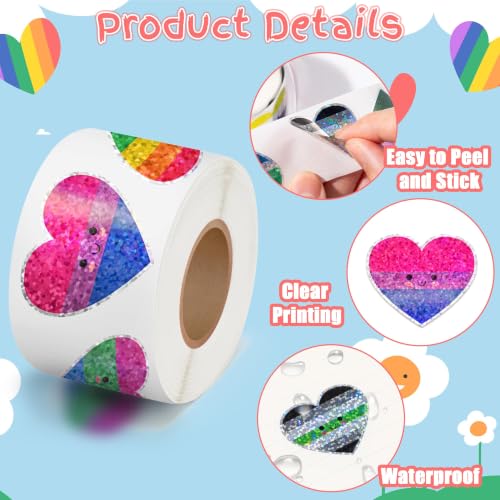 LGBTQ Glitter Heart Sticker - 2Rolls Pride Month Smile Design Waterproof Self Adhesive Residue Free Removal for Laptop Water Bottle Scrapbook LGBTQ Gay Bar Party Decoration Craft Decor - style: LGBTQ Glitter Heart