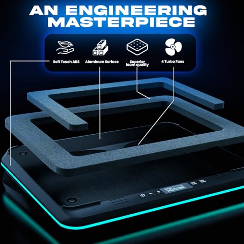 KLIM Turbofrost Gaming Laptop Cooling Pad, 16,000 RPM, RGB, USB-C/DC | 4 turbo fans, aircraft-grade aluminum, anti-dust, dual USB-C/DC power, 3 extra USB ports, up to 17.3in, Full Black