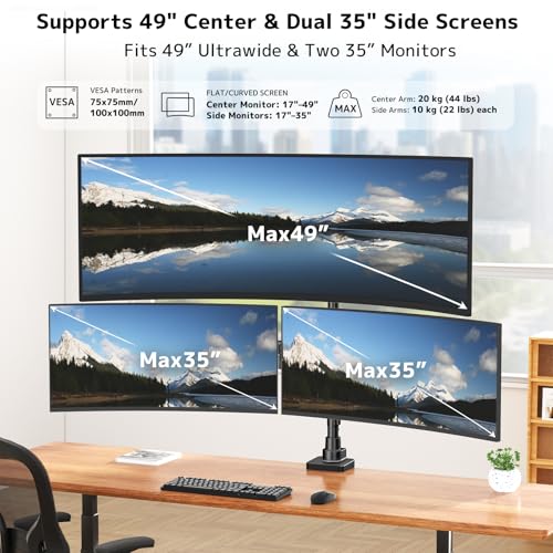 Triple Monitor Mount up to 49 inches, Fully Adjustable Heavy Duty 3 Monitor Arm with Gas Spring, Desk Mount for 3 Screens, C-Clamp & Grommet Base, Holds 44 lbs, Black