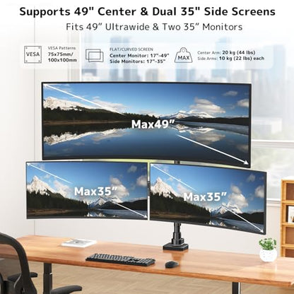 Triple Monitor Mount up to 49 inches, Fully Adjustable Heavy Duty 3 Monitor Arm with Gas Spring, Desk Mount for 3 Screens, C-Clamp & Grommet Base, Holds 44 lbs, Black
