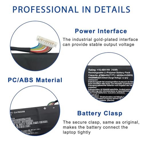 74Wh C41N2208 Gaming Handheld Battery Upgrade Kit for Asus ROG Ally RC71L PC71L NR2301L (2023 1st Gen, NOT for ROG Ally X RC72L) Gaming Handheld PC,15.48V 4780mAh 4-Cell - size: 11.89×3.78×0.31 in C41N2208