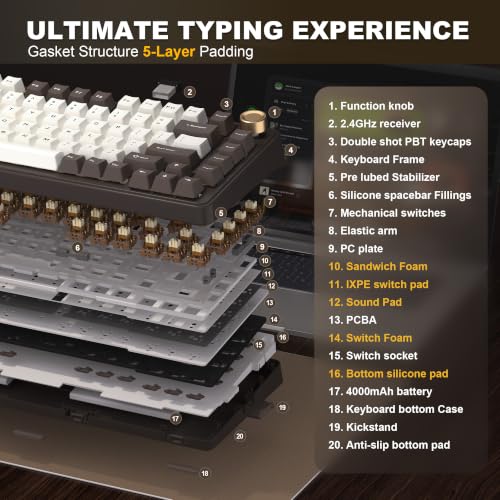 YUNZII B75 PRO Wireless Mechanical Gaming Keyboard | Custom 75% Layout with Knob,Gasket Mount,Hot Swap,Creamy Pre-lubed Switch,BT/USB-C/2.4G (Coffee Brown, Cocoa Cream V2 Switch) - color: Coffee Brown, size: Cocoa Cream V2 Switch