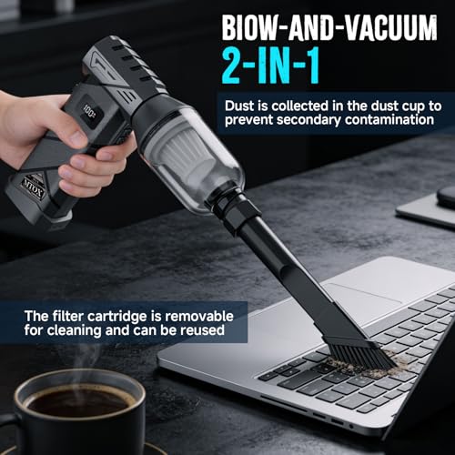 MTOX Compressed Air Duster, 2 Swappable Battery,150,000RPM Super Power Rechargeable Electric Air Duster, Blower, 2in1 Vacuum, 4-Gear Adjustable, LED, for Keyboard, PC, Car, Home (Frosted Black) - color: Frosted Black