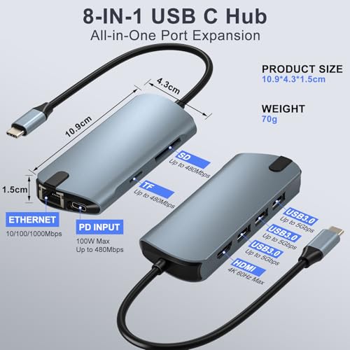 USB C Hub 8-in-1 Ethernet 4K HDMI Adapter for Laptops | 4K@60Hz HDMI, 100W PD, 3x USB 3.0, 1Gbps Ethernet, SD/TF Reader, for Mac/iPad/PC