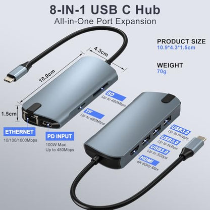 USB C Hub 8-in-1 Ethernet 4K HDMI Adapter for Laptops | 4K@60Hz HDMI, 100W PD, 3x USB 3.0, 1Gbps Ethernet, SD/TF Reader, for Mac/iPad/PC