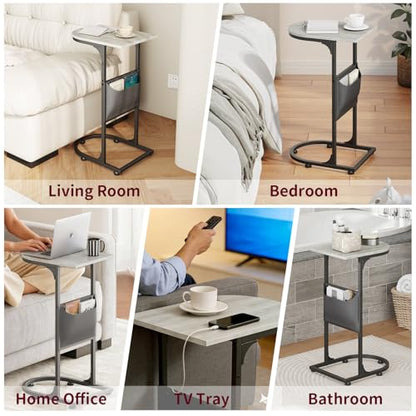 C Shaped End Table, Small Side Table for Couch, C Table that Slides Under Sofa with Storage Bag, TV Tray Table for Recliner, Living Room, Bedside, Bedroom, Small Spaces, Greige - color: Classic Greige