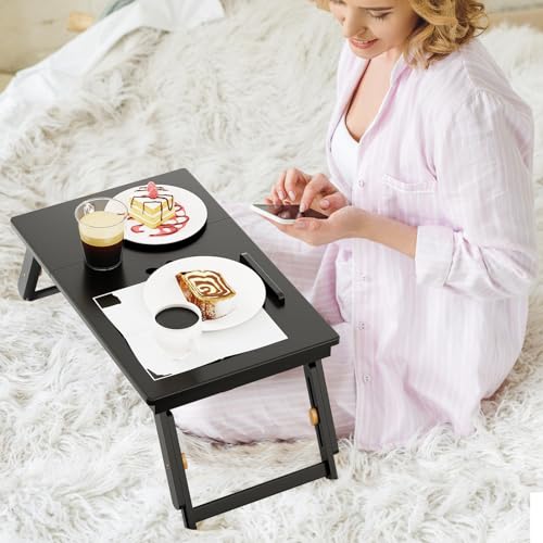 Giantex Bamboo Laptop Desk for Bed, Adjustable Serving Tray Breakfast Table with Tilting Desktop, Folding Lap Tray with Removable Stopper, Cooling Holes & Small Side Drawer (Black) - color: Black