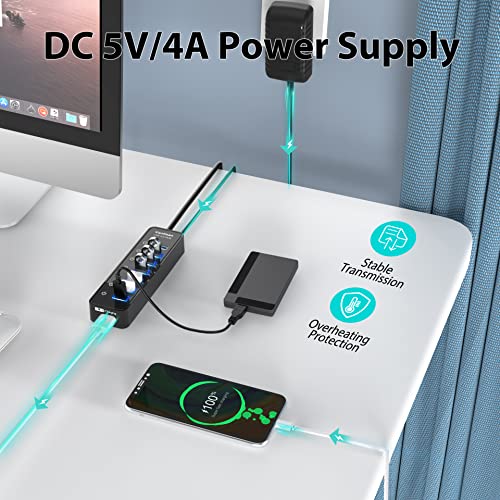 USB Hub 3.0 Powered, 7 Ports USB Data Hub Splitter with One Smart Charging Port and 5V/4A Powered Adapter and ON/Off Switches for MacBook, Mac Pro/Mini, iMac, Surface Pro Laptop/PC - color: black