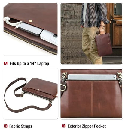Top Grain Leather 14.2" Slim Laptop Bag Case, Handmade, Adjustable Strap & 2 Pockets, Compatible with MacBook Pro 14 inch 2021 2022 M1 Pro/M1 Max A2442 & Other PC, Red Coffee 14.2 Inch - color: #5【Adjustable Strap】-Red Coffee-2 Pockets, size: 14.2" - Fits