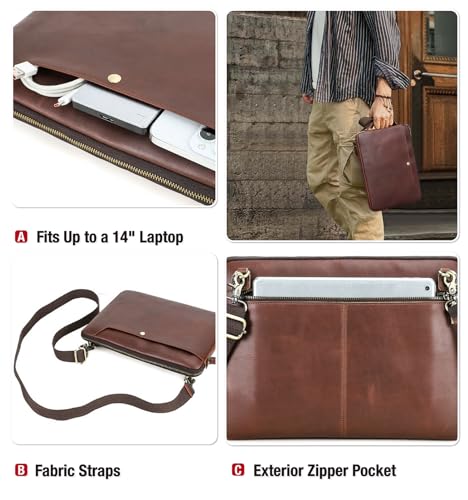 Top Grain Leather 14.2" Slim Laptop Bag Case, Handmade, Adjustable Strap & 2 Pockets, Compatible with MacBook Pro 14 inch 2021 2022 M1 Pro/M1 Max A2442 & Other PC, Red Coffee 14.2 Inch - color: #5【Adjustable Strap】-Red Coffee-2 Pockets, size: 14.2" - Fits