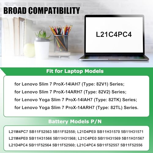 L21M4PC7 L21C4PC4 Laptop Battery Replacement for Lenovo Slim 7 ProX-14IAH7 ProX-14ARH7 / Yoga Slim 7 ProX-14IAH7 ProX-14ARH7 Series L21M4PE0 L21C4PE0 L21D4PC4 L21D4PE0 15.52V 70Wh 4511mAh - size: 11.0*3.34*0.23inch L21M4PC7
