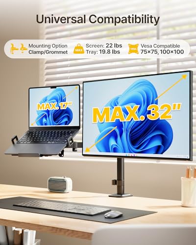 monTEK Monitor and Laptop Stand for 32" Screen and 17" Laptop | 2-in-1 desk mount holds 22 lbs, with height adjustment, tilt, swivel, clamp/grommet bases and VESA 75/100