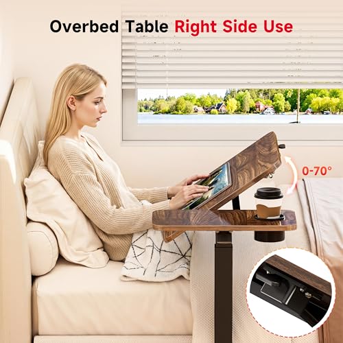 Okin Overbed Bedside Table with Wheels, Adjustable Medical Tilt Top Hospital Bed Table Over The Bed, Rolling Desk Mobile Standing Desk for Hospital Home Use (Walnut) - color: Walnut