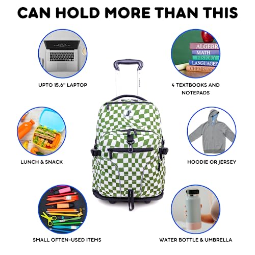 J World Lunar Rolling Backpack. Laptop Bag With Wheels. Wheeled Carry-On Travel Luggage, Matcha Checkers, 19.5 x 13 x 8 Inches - color: Matcha Checkers