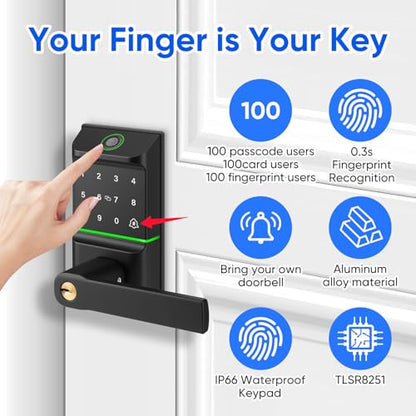 Smart Fingerprint Door Lock Handle, 7-in-1 Keypad Keyless Deadbolt | Smart Auto Lock Door with Phone/Watch App Control, Bluetooth Entry Door Lock, TT Lock APP Control, Reversible Handle - color: Black Keypad Lock with Handle