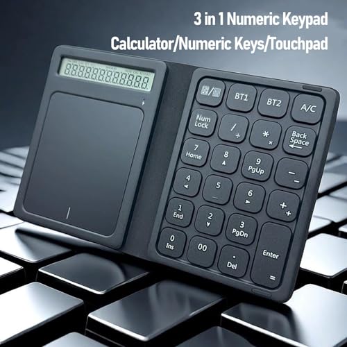 23 Keys Bluetooth Number Pad with Touchpad & Calculator, 3 in 1 Foldable Ultra Thin Wireless Numeric Keypad with PU Leather Case for Tablet Laptop