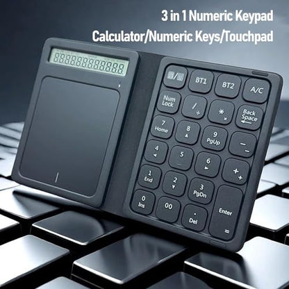 23 Keys Bluetooth Number Pad with Touchpad & Calculator, 3 in 1 Foldable Ultra Thin Wireless Numeric Keypad with PU Leather Case for Tablet Laptop