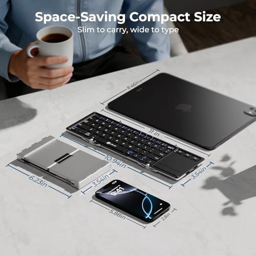 iClever Foldable Keyboard, BK08 Foldable Bluetooth Keyboard with Touchpad, Aluminum Build, USB-C Charge, Equipped with Stand Holder and Carrying Bag, Portable for Laptop, iPad, iPhone, Silver | Multi-Touch Trackpad, Pocket-Sized, Aluminum Build, 3-Device
