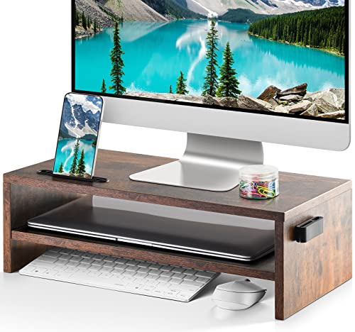 Marbrasse 16.5 Inch Monitor Stand, 2 Tier Computer Monitor Riser with Printer Shelf, Laptop Computer Screen Storage, Desktop Stand - Phone Holder & Cable Management (Vintage) - color: Vintage