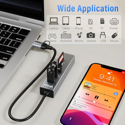3-Port USB C 3.0 Hub Splitter with USB A Adapter, SD/TF OTG Card Reader, Portable 5 in 1 Multi Ports USB Expander for PC, Laptop, MacBook, Xbox, Flash Drive, HDD, Console,Camera