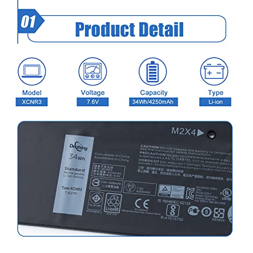 XCNR3 Battery Replace for Dell Latitude 13 7370 Ultrabook Series 0XCNR3 WY7CG WV7CG 0WV7CG 7.6V 34Wh/4250mAh 4-Cells - size: 10.32*4.12*0.24 inch XCNR3