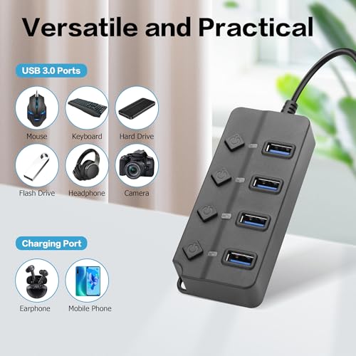90 Degree USB Hub Splitter YACSEJAO USB 2.0 Data Hub with Individual LED Button On/Off Switch DC5.5 * 2.1 Power Port for Laptop,PC Computer (4 Ports, 1M) - size: 1M, style: 4 Ports