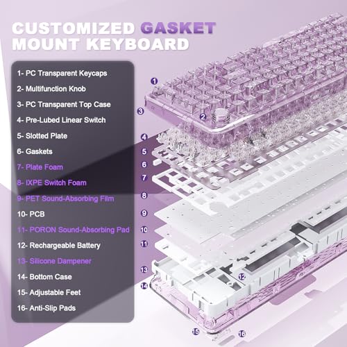 YUNZII X98 QMK/VIA Wireless Mechanical Gaming Keyboard with Knob,Tri-Mode BT5.0/USB-C/2.4GHz Hot Swappable Keyboard,Pre-lubed Switches Gasket Mount RGB Backlit for Wins/Mac (Purple, Crystal Switch) - color: Purple, size: Crystal Switch
