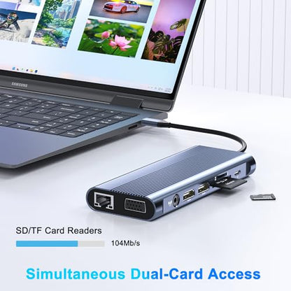 USB C Docking Station Dual Monitor for Dell/HP/Lenovo/Mac Laptop, Dual HDMI Adapter for 2 Monitors, 14 in 1 Laptop Docking Station Dual Monitor with 10Gbps USB/HDMI/VGA/PD/Ethernet/SD/TF/Audio/Mic - style: 14 IN 1