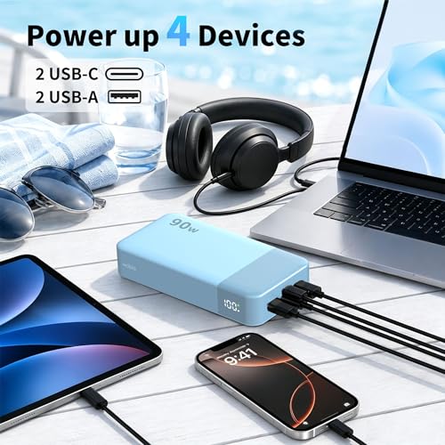 NOBIS Power Bank 90W 20,000mAh Laptop Portable Charger | PD Fast Charging Battery Pack, 4-Port, Digital Display, Compatible Laptop, Tablet, Phone and More - color: Blue