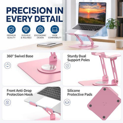 SOUNDANCE 360 Rotating Laptop Stand, Ergonomic Computer Riser for Desk, Adjustable Height Multi-Angle Metal Holder, Foldable Portable Notebook Elevating Base for Office & Home, Pink - color: Pink