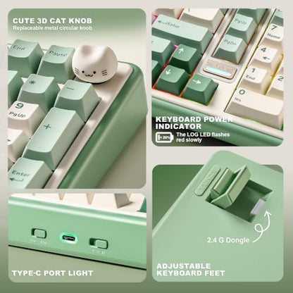 YUNZII B98 PRO QMK/VIA Wireless Mechanical Gaming Keyboard,96% Layout with Numpad and Cute Cat Knob, BT/2.4G/USB-C,Linear Switch Hot Swap Gasket,RGB for Win/Mac (Matcha Green, Candy Linear Switch) - color: Matcha Green, size: Candy Linear Switch