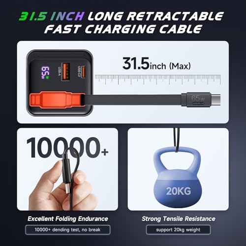 65W Retractable Wall Charger, USB C Charger Block Built-in Type C Cable | Dual Port, PD PPS Fast Charging GaN Power Adapter Travel Charger for MacBook,Lenovo IdeaPad,iPhone 16 Pro Max,Galaxy S24
