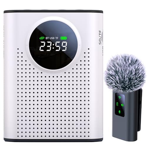 S67 Rechargeable Voice Amplifier Wireless Microphone for Teachers Classroom, Mini Lavalier Lapel Mic Clip Magnetic, Portable Bluetooth Speaker with LED Display for Class, Tour Guide, White - color: White, size: Amplifier + 1 MIC