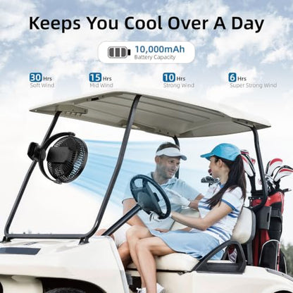 10000mAh 30hrs Portable Fan Rechargeable, 8-Inch Battery Operated Clip on Fan, USB Fans, 4 Speeds, Strong Airflow, Sturdy Clamp for Golf Cart Office Desk Outdoor Travel Camping Bed Truck Treadmill - color: Black