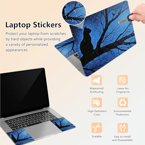 Laptop Skin Sticker Decal 15.6 Inch,12 13 13.3 14 15 15.6 in Laptop Netbook Skins for Notebook,Art Decal Removable Waterproof Scratch Resistant,Universal Vinyl Cover,Black Cat Blue Tree - color: Black Cat Blue Tree