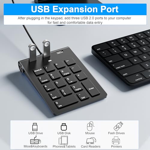 18 Key Wired Numeric Keypad with 3 Port USB 2.0 Hub, USB C & USB A Slim Portable Numpad for Laptop, Desktop, PC, MacBook, Efficiency Financial Accounting Num Pad USB c Support Plug and Play