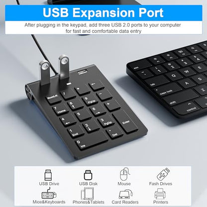 18 Key Wired Numeric Keypad with 3 Port USB 2.0 Hub, USB C & USB A Slim Portable Numpad for Laptop, Desktop, PC, MacBook, Efficiency Financial Accounting Num Pad USB c Support Plug and Play